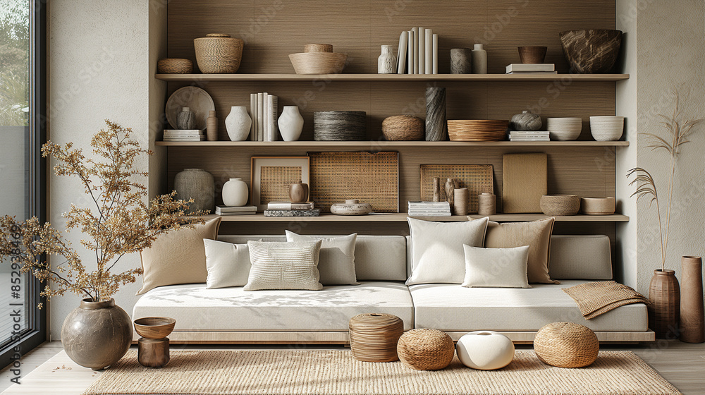 Earthy Tone Living Room with Natural Decor and Shelving Earthy Tone Living Room with Natural Decor and Shelving