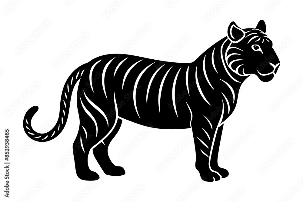 Fototapeta premium Tiger linocut Silhouette, coloring page style, vector illustration