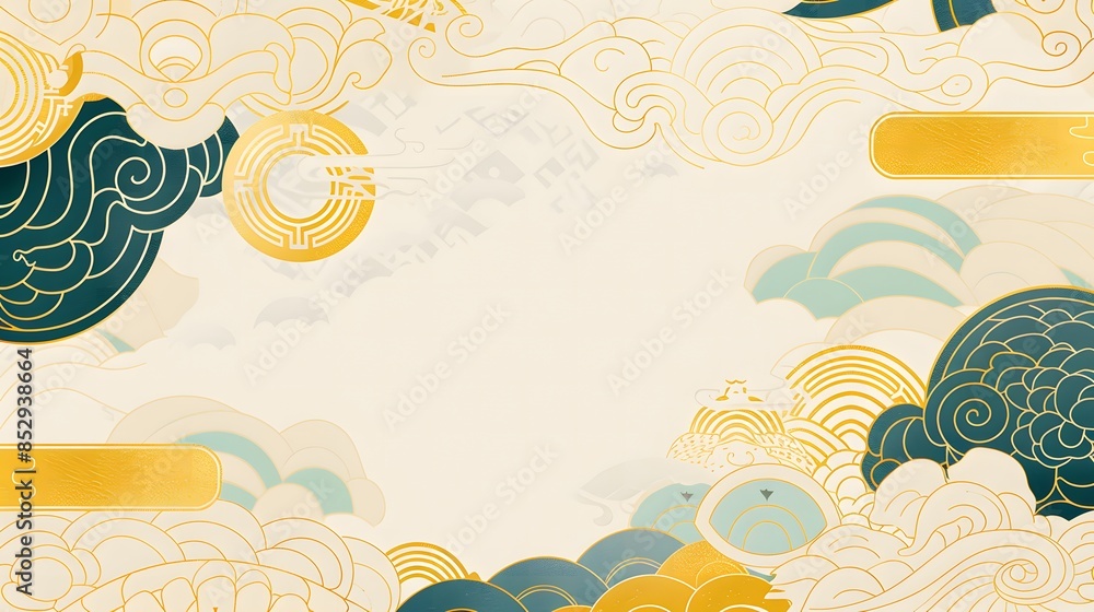 Obraz premium flat illustration of the sea, with golden auspicious clouds and circular geometric patterns