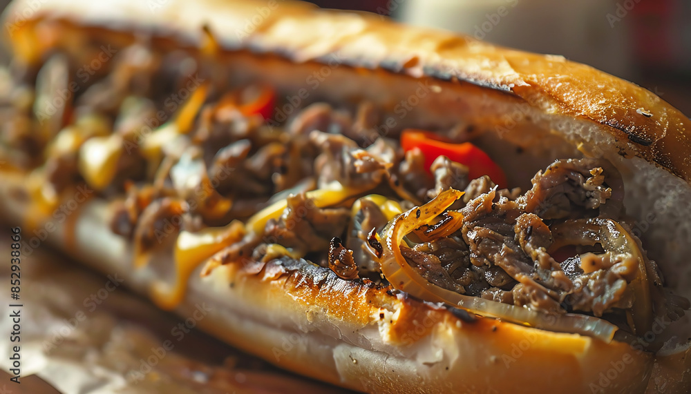 Closeup of a loaded cheesesteak sandwich. Closeup of a loaded cheesesteak sandwich.
