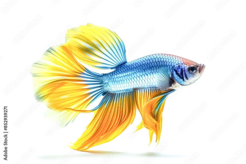 Fototapeta premium A fish with a blue body and yellow tail.