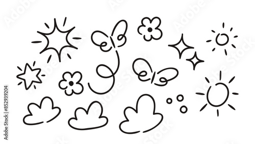 Black And White Vector Doodle Set With Various Stars, Butterflies, Flowers, Clouds And Sparkles Elements