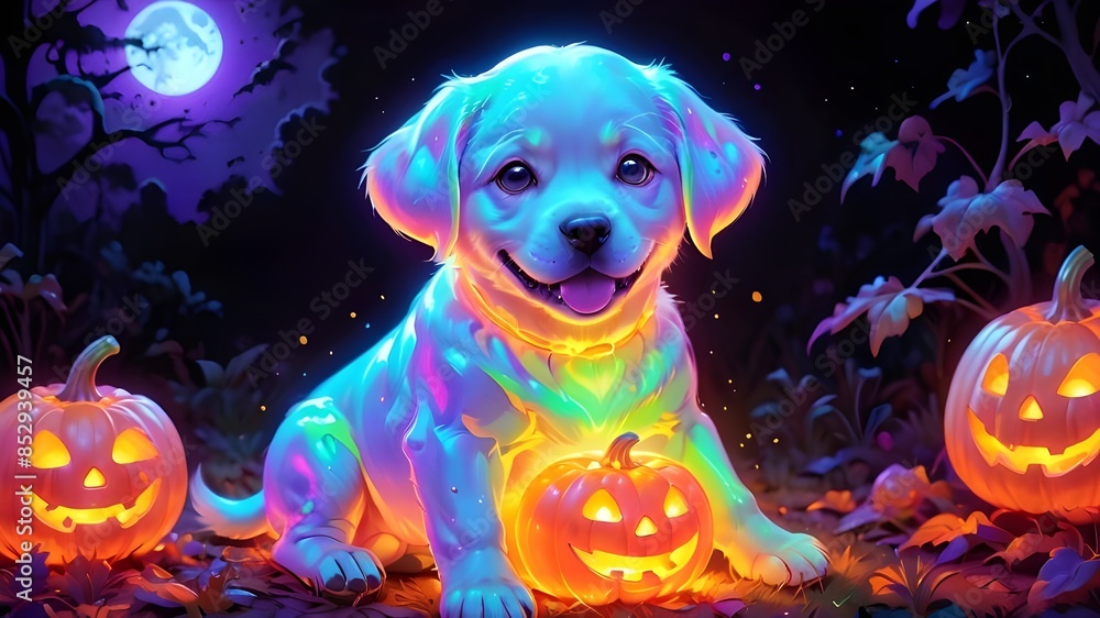 Cartoon happy cute Labrador Retriever puppy in a Halloween Jack-o-lantern, illustration, Cartoon happy cute Labrador Retriever puppy in a Halloween Jack-o-lantern, illustration,