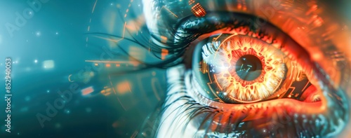 Close-up of a human eye with futuristic digital enhancements, glowing with orange light, showcasing advanced technology and cybernetic elements #852940053