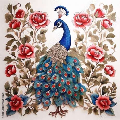 pattern Mughal peacock painting with mughal king on white background photo