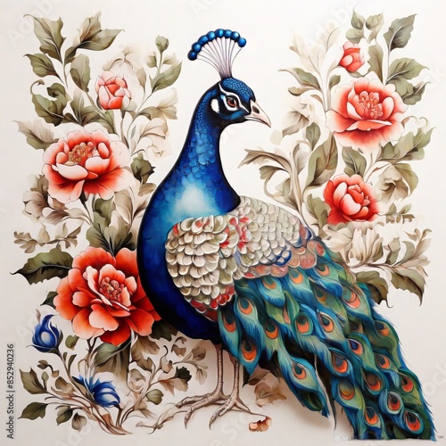 pattern Mughal peacock painting with mughal king on white background