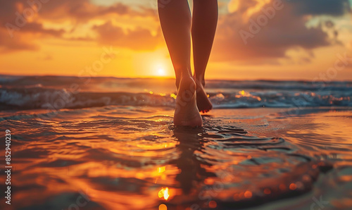 Fototapeta Naklejka Na Ścianę i Meble -  Feet of a woman walking on the beach at sunset
