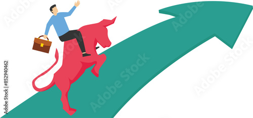 Stock market bull market, Financial asset value and price rising up, investor and trader gain more profit, Running on rising up upward green graph

