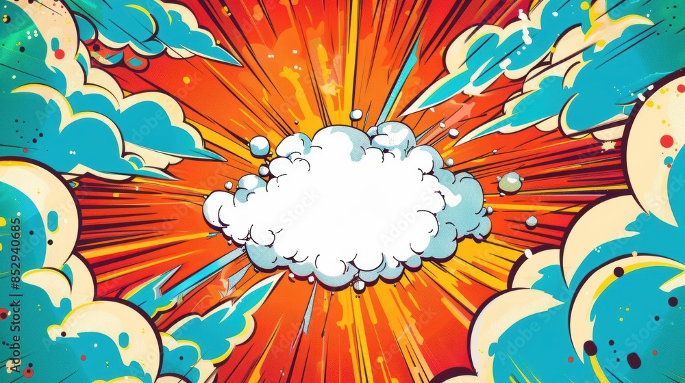 Fototapeta premium Bright, colorful comic explosion with a central speech bubble, bursting clouds, and dramatic lines, perfect for high-energy advertisements and promotions