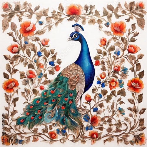 pattern Mughal peacock painting with mughal king on white background photo