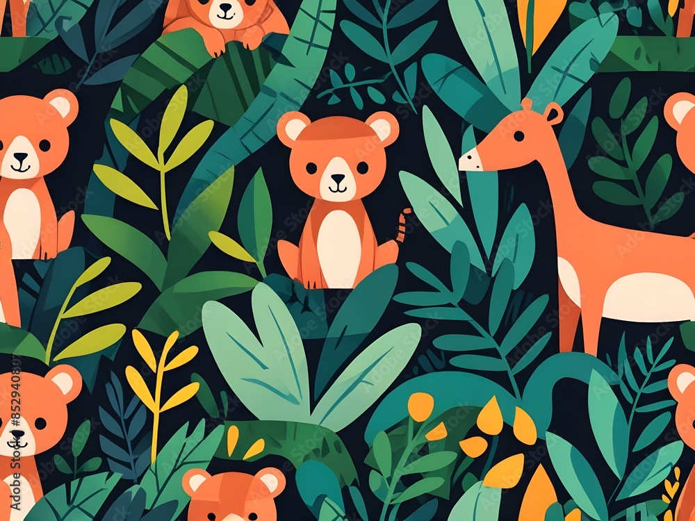 Minimalist cubist jungle vibe, cute children's illustrations of baby animals in the jungle in simple shapes, minimalist fashion. Generative AI Minimalist cubist jungle vibe, cute children's illustrations of baby animals in the jungle in simple shapes, minimalist fashion. Generative AI