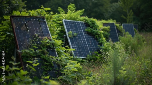 Abandoned solar panels overgrown with vegetation, highlighting the challenges of waste disposal and sustainability in renewable energy photo