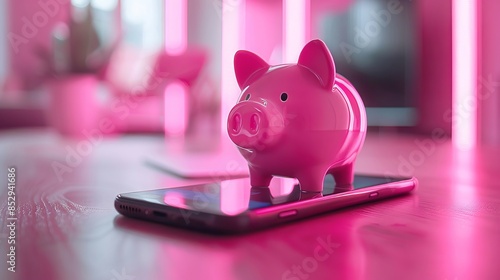 Pink Piggy Bank on Smartphone in Modern Neon Lit Setting photo