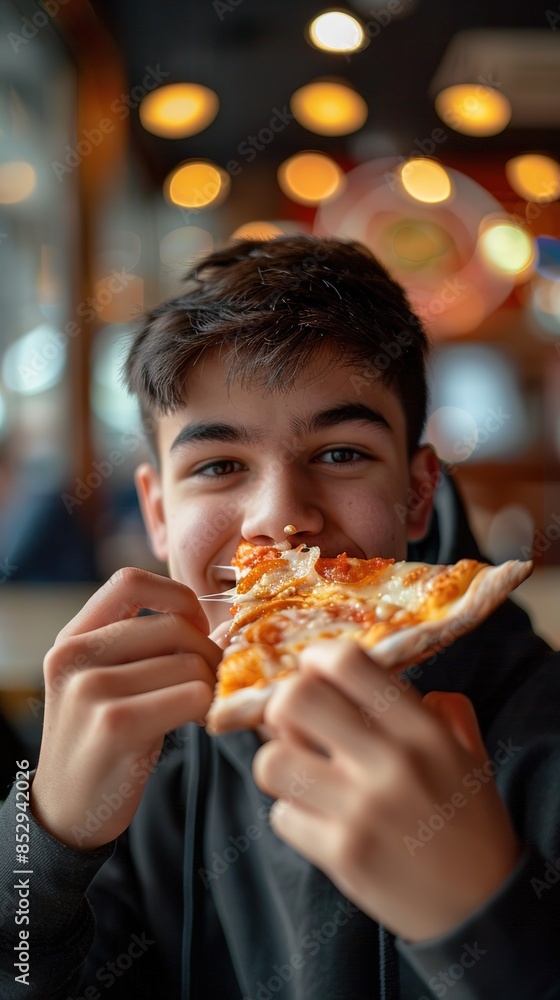 Smiling young boy enjoying a slice of pizza in a busy pizzeria Smiling young boy enjoying a slice of pizza in a busy pizzeria