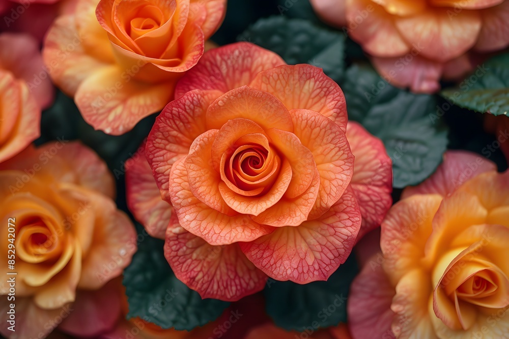 Fototapeta premium Vibrant Orange and Yellow Roses with Detailed Petals - Ideal for Floral Decor, Botanical Print, Nature Background