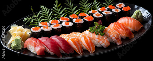 Wallpaper Mural A sushi platter with colorful sashimi, nigiri, and maki rolls, arranged artfully on a black plate. Torontodigital.ca