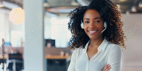 Call center, customer service, CRM consultancy, or telemarketing office happy woman, headshot, or headset. Smile, business, or receptionist on headset speaks, advises, or helps.