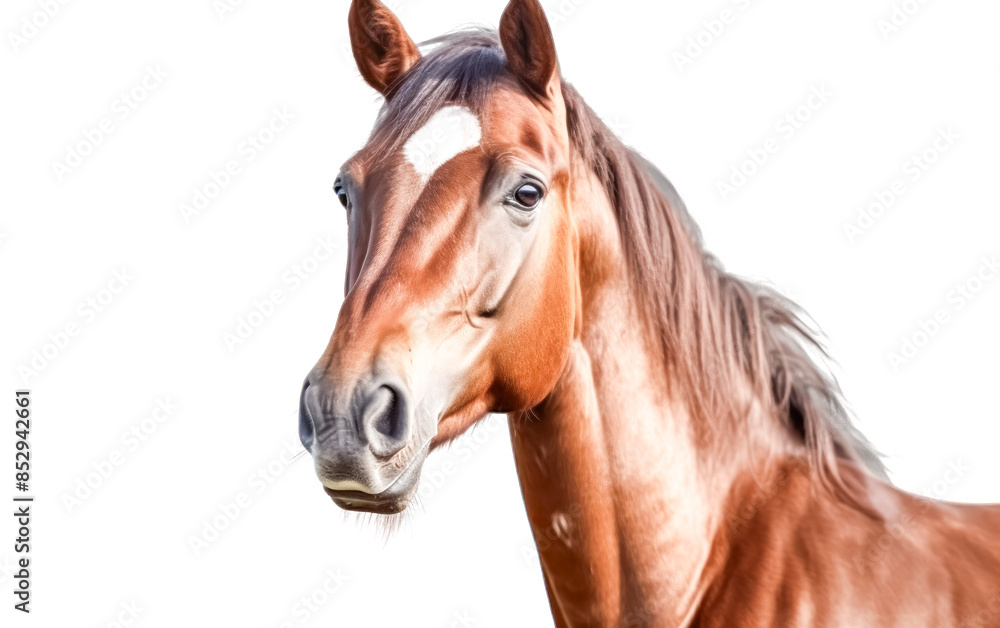 A brown horse with a white face is looking at the camera. A brown horse with a white face is looking at the camera.