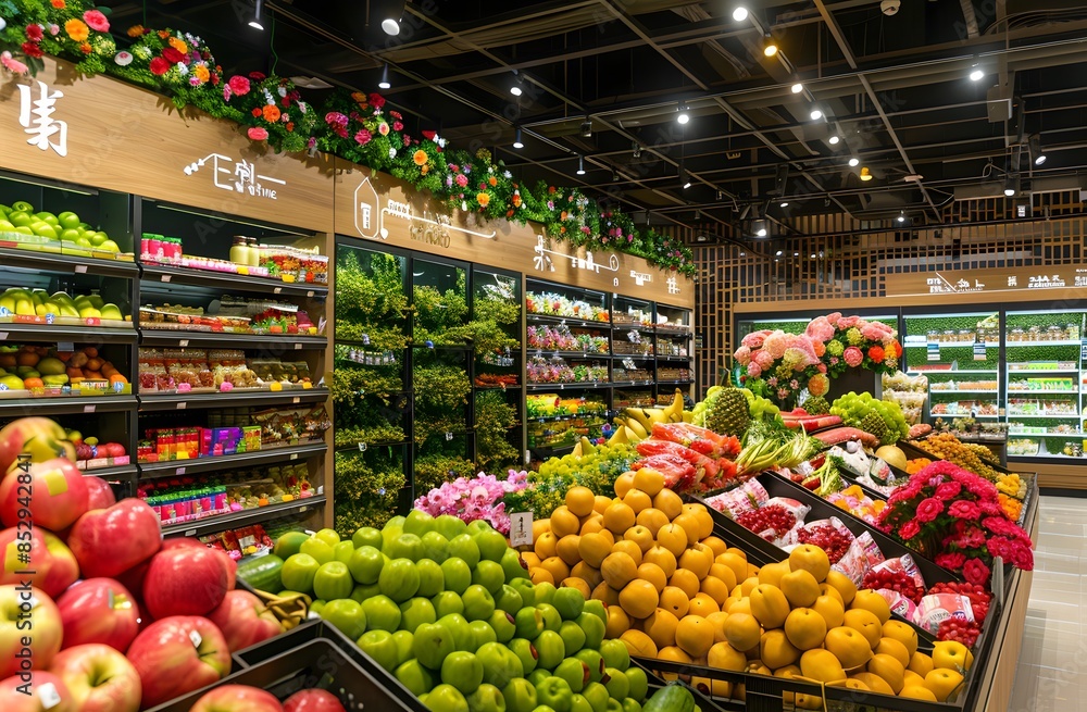 Fototapeta premium grocery store in China, with fruit and vegetables displayed on the shelves