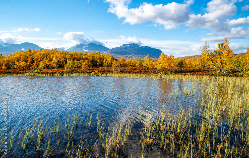 Sunrise morning in a beautiful river landscapein Abisko national park in north of Sweden.