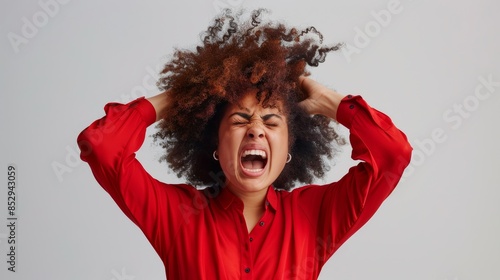 A black woman yelling, stressed, and making a mistake on a white studio background. Female shouter, mental health model, emotional failure, or sadness photo