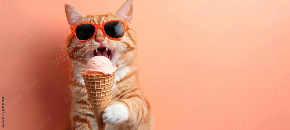 Funny cat in sunglasses eating ice cream on peach background with copy space Funny cat in sunglasses eating ice cream on peach background with copy space