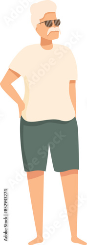 Elderly man is standing with his hands on his hips, enjoying the summer weather
