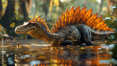 A spinosaurus lurking in the shallows of a lake, its sail-like dorsal fin partially submerged, ready to ambush its prey. captures the ripples in the water, the reflection of the dinosaur, 