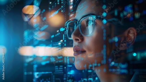 Young woman in glasses with data and graphs on screen - Technology and future. Copy space