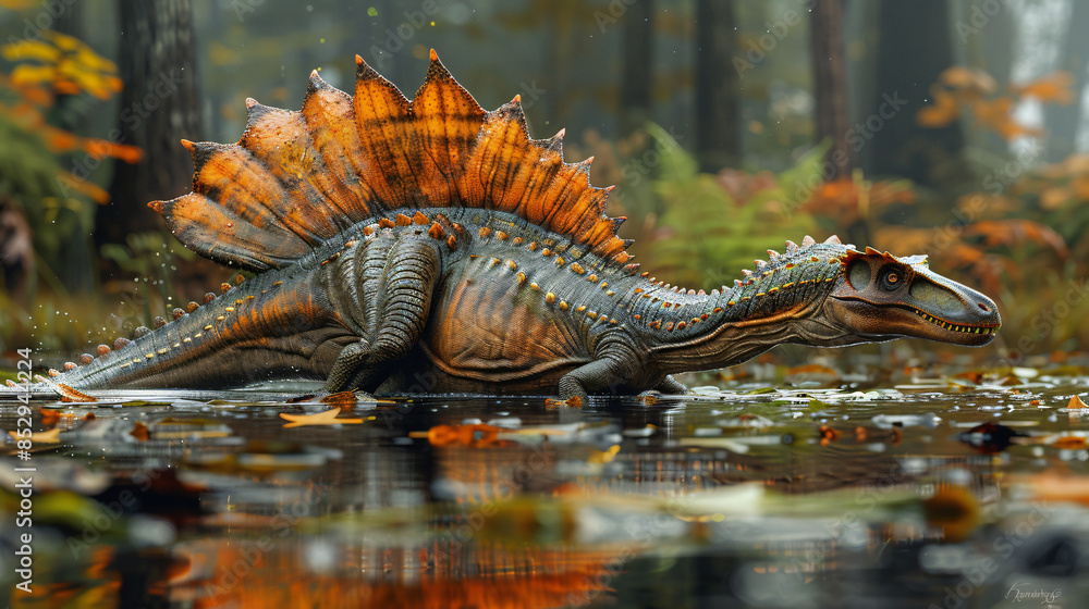 A Spinosaurus Lurking In The Shallows Of A Lake Its Sail like Dorsal 