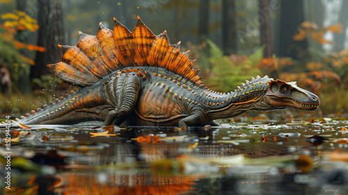 A spinosaurus lurking in the shallows of a lake, its sail-like dorsal fin partially submerged, ready to ambush its prey. captures the ripples in the water, the reflection of the dinosaur, 