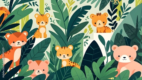 Minimalist cubist jungle vibe, cute children's illustrations of baby animals in the jungle in simple shapes, minimalist fashion. Generative AI