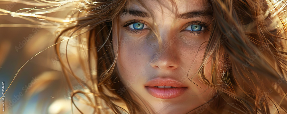 A photorealistic portrait of a woman with piercing blue eyes and a warm smile, her hair flowing in the wind. A photorealistic portrait of a woman with piercing blue eyes and a warm smile, her hair flowing in the wind.