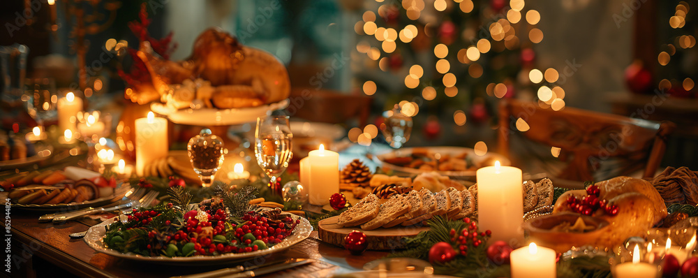 A family gathering for a festive holiday dinner, with a table adorned with candles, decorations, and a feast of delicious dishes. A family gathering for a festive holiday dinner, with a table adorned with candles, decorations, and a feast of delicious dishes.