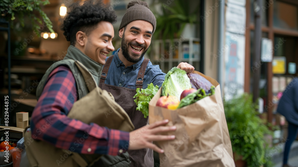 A delivery man smiling as he hands over a grocery bag to a customer, illustrating the joy of receiving fresh food A delivery man smiling as he hands over a grocery bag to a customer, illustrating the joy of receiving fresh food