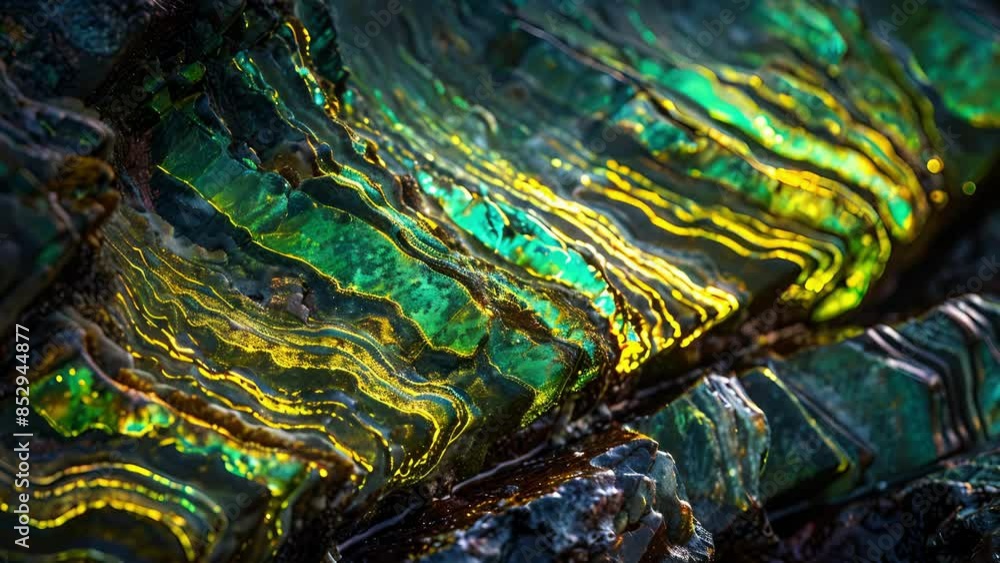 The rough surface of a pebble is covered in a mesmerizing pattern of green and yellow phosphorescent stripes reminiscent of a colorful ss scales. The rough surface of a pebble is covered in a mesmerizing pattern of green and yellow phosphorescent stripes reminiscent of a colorful ss scales.