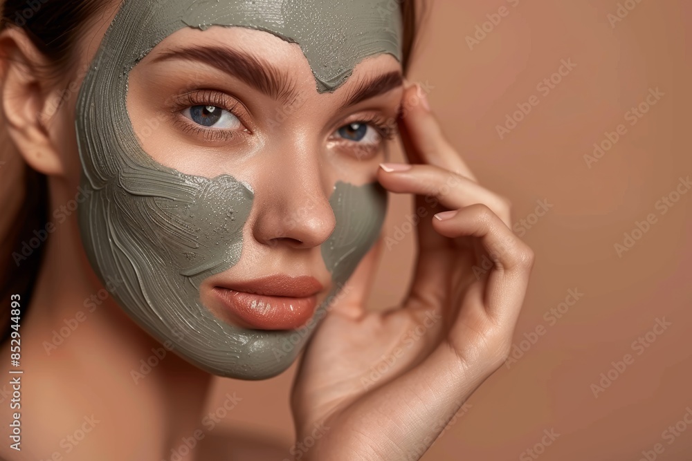 Fototapeta premium Woman, clay face mask, beauty, makeup, expression, dermatology, studio background. Thinking model, charcoal cosmetics, luminous skincare, acne shine and aesthetic transformation