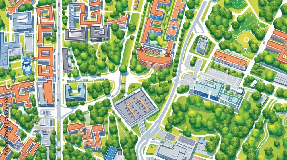 Fototapeta premium Aerial view of cityscape, mix of buildings with roofs, green trees, and open spaces. Streets area plan. Layout includes residential and institutional buildings. Urban planning and greenery integration