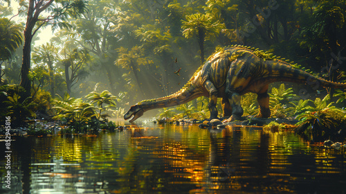 A brachiosaurus lowering its long neck to drink from a tranquil lake, surrounded by lush greenery,  photo