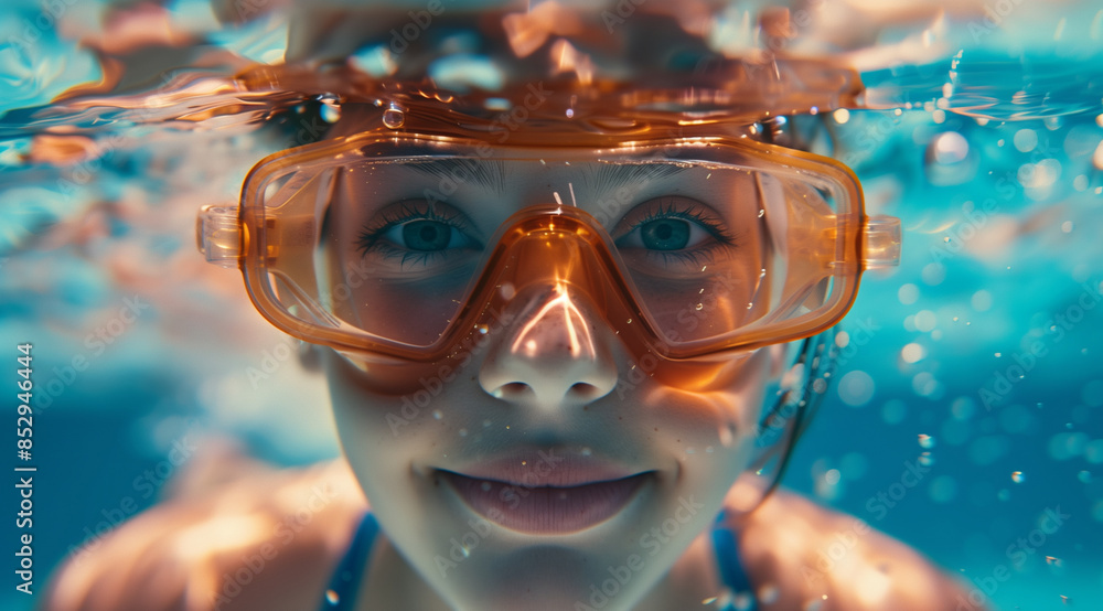 A happy young girl wearing goggles and swimming in the pool, closeup shot with underwater lighting, creating an atmosphere of joy for summer activities. A happy young girl wearing goggles and swimming in the pool, closeup shot with underwater lighting, creating an atmosphere of joy for summer activities.