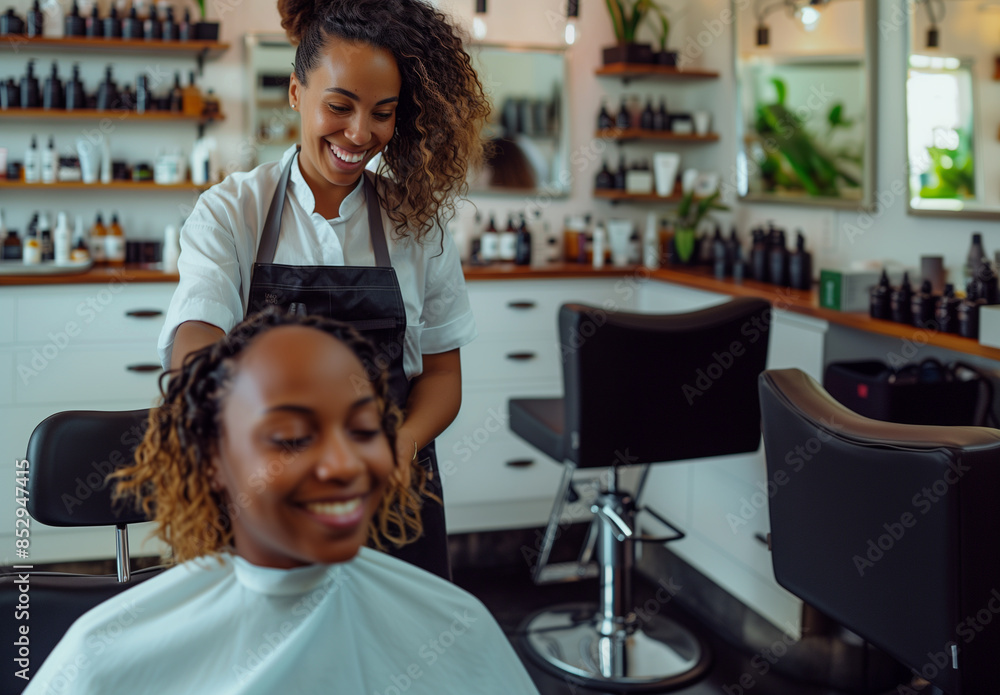 A happy, beautiful 25-year-old African American woman coloring a client's hair in a modern hair salon; the woman is wearing a white, well-ironed shirt and a stylish dark apron. A happy, beautiful 25-year-old African American woman coloring a client's hair in a modern hair salon; the woman is wearing a white, well-ironed shirt and a stylish dark apron.