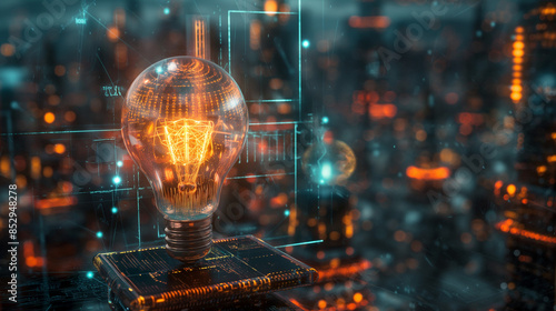 Wallpaper Mural Leuchtende Glühbirne als Hologramm über einer vernetzten digitalen Stadt Generative AI Torontodigital.ca