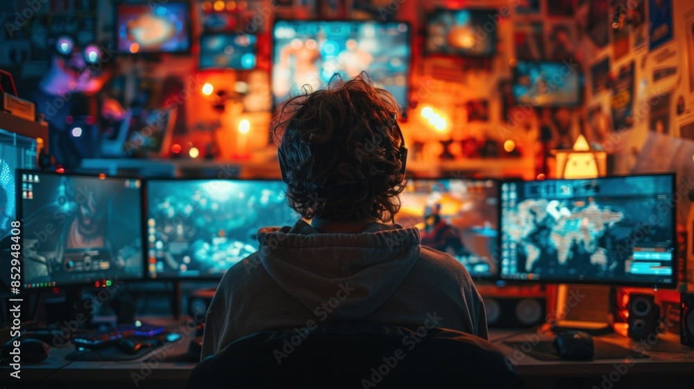 A dedicated gamer in a dark room, surrounded by multiple monitors displaying various game screens. The ambient lighting casts a neon glow, highlighting the gamer's intense concentration. The room is A dedicated gamer in a dark room, surrounded by multiple monitors displaying various game screens. The ambient lighting casts a neon glow, highlighting the gamer's intense concentration. The room is