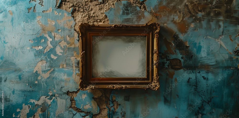 Naklejka premium Hanging on the dark wall is a large antique gold frame with faded blue paint inside.