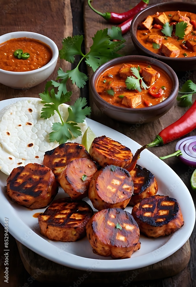 Paneer Tikka is popular appetizer made with cubes of paneer and veggies marinated with yogurt and spices Paneer Tikka is popular appetizer made with cubes of paneer and veggies marinated with yogurt and spices