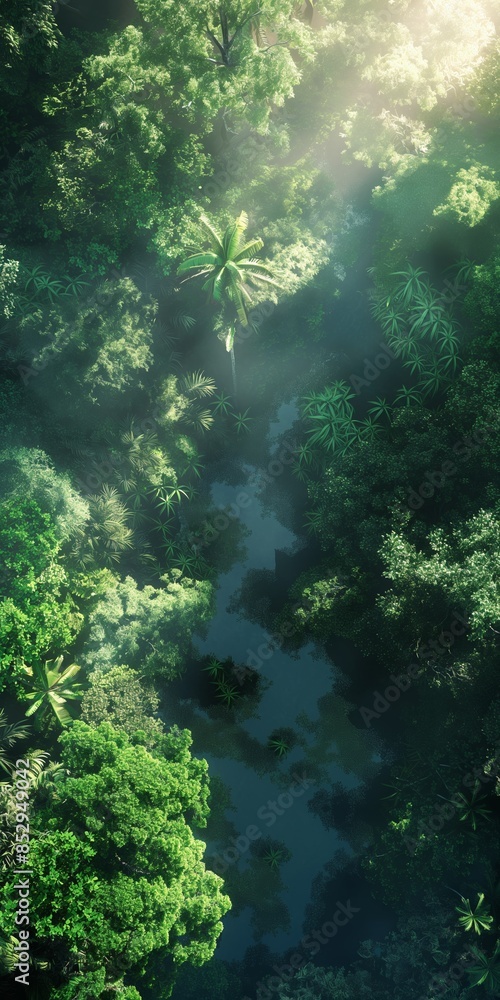 Fototapeta premium Aerial view of a rainforest emphasizing conservation efforts, showcasing lush foliage and diverse ecology.