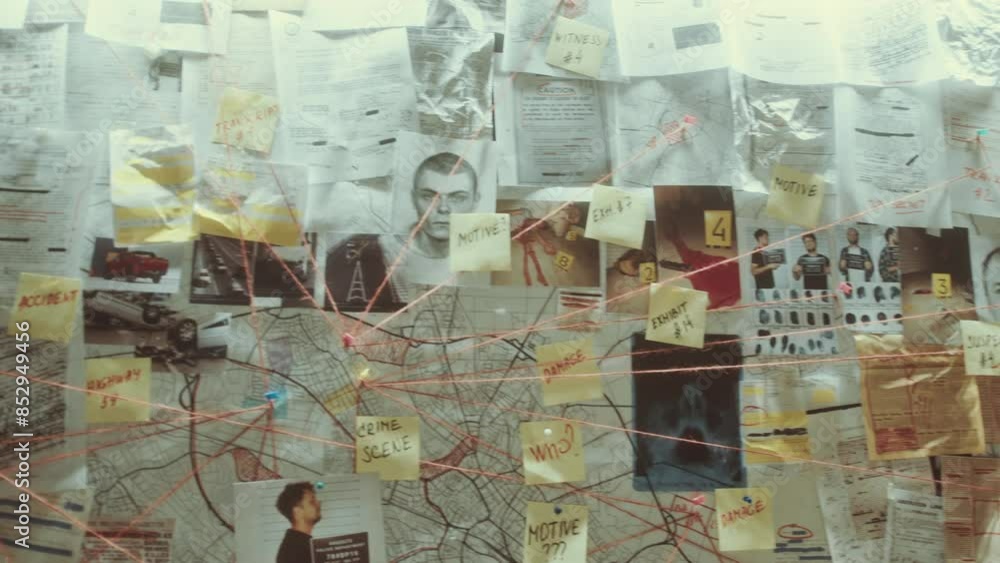 Close-up view of criminal investigation board with clues, mugshots, maps, forensic sketches, newspaper articles and sticky notes connected with thread in detective office Close-up view of criminal investigation board with clues, mugshots, maps, forensic sketches, newspaper articles and sticky notes connected with thread in detective office