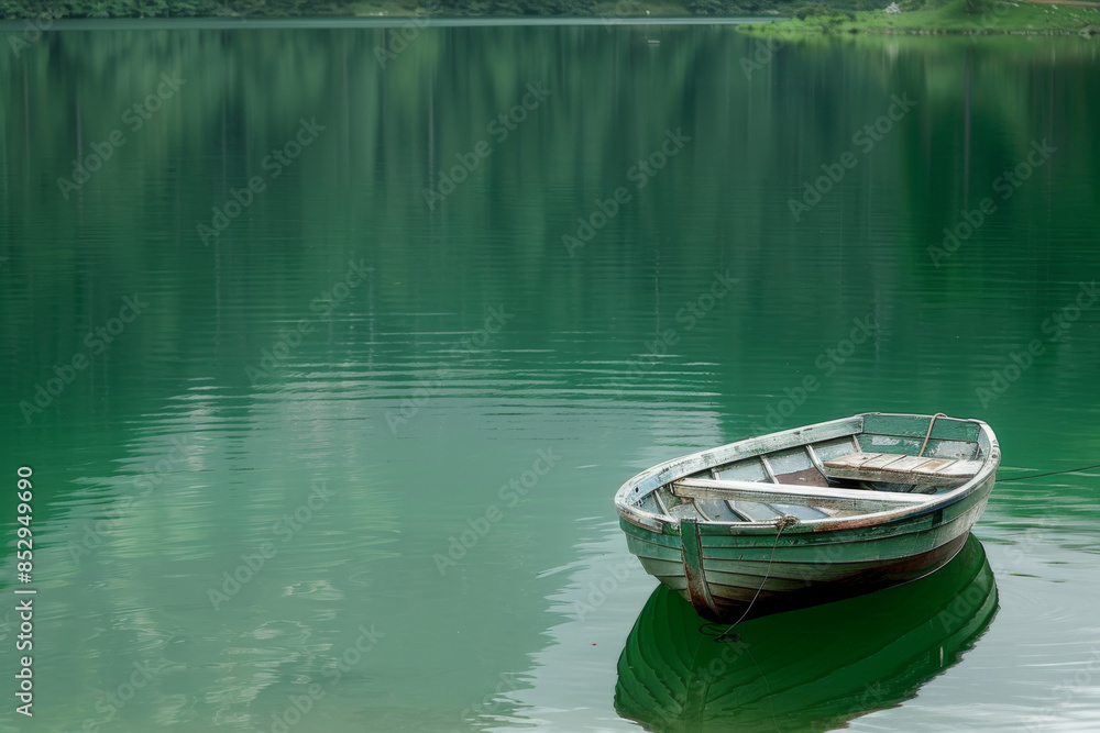 A serene old boat floats on a tranquil green lake, surrounded by lush greenery reflecting off the water. A serene old boat floats on a tranquil green lake, surrounded by lush greenery reflecting off the water.
