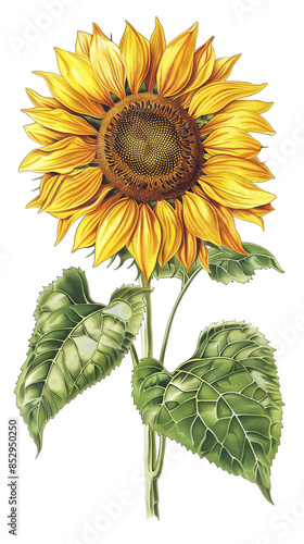 Vintage Illustration of a Sunflower with Leaves - isolated on White Transparent Background, PNG 