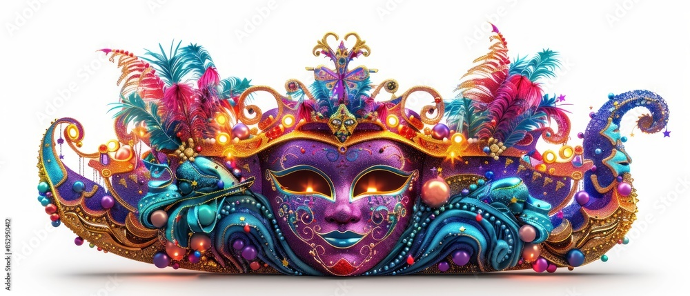 Side view of a vibrant Mardi Gras parade float Side view of a vibrant Mardi Gras parade float